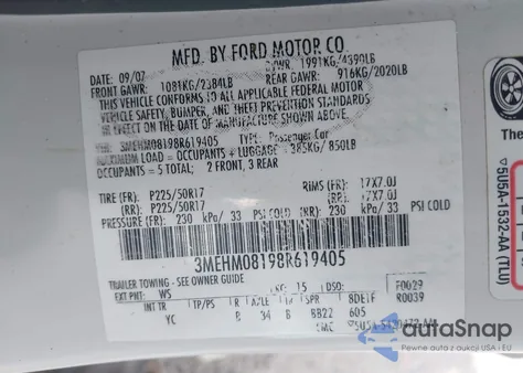 2008 Mercury Milan V6 Premier z USA, uszkodzony, nr VIN 3MEHM08198R619405